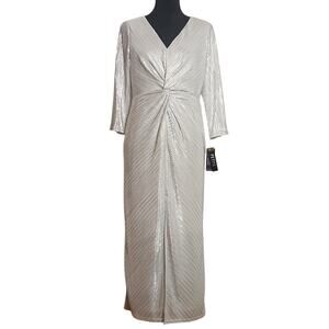 JM STUDIO Silver Metallic Twist Front Dress with Front Slit, Size 10P